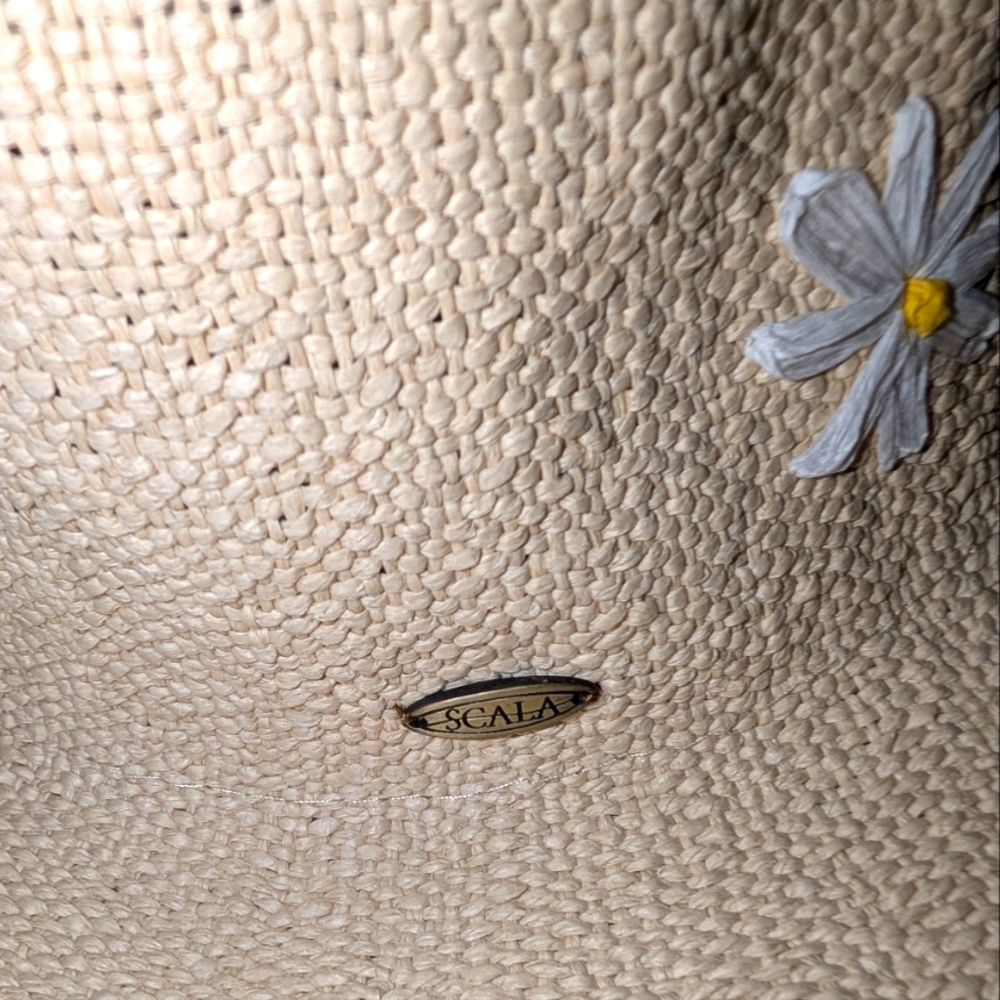 Scala Wide-Brim Straw Sun Hat with White Daisy Appliqués - Pale Yellow - Picture 3 of 4